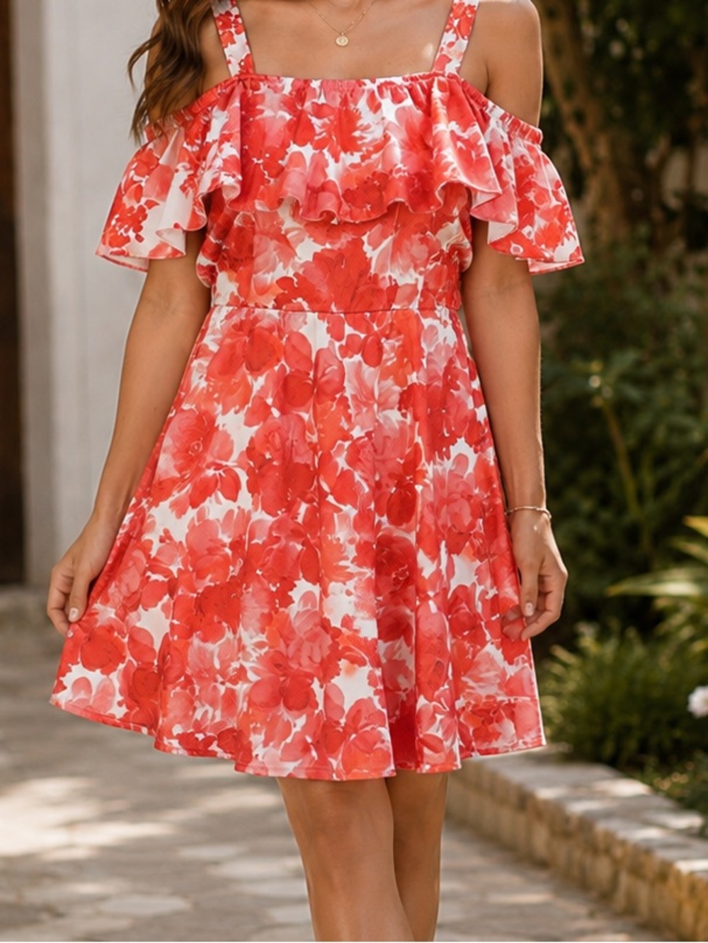 Floral Ruffle Sundress Red & White